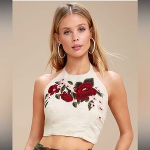 Lulus Off to the Races Beige Floral Embroidered Halter Top sz M